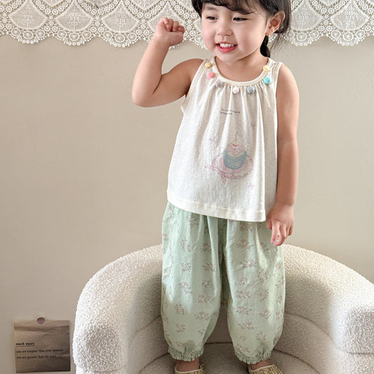 Little Girl's Set of Cartoon Vest with Pom-poms and Floral Anti-mosquito Pants