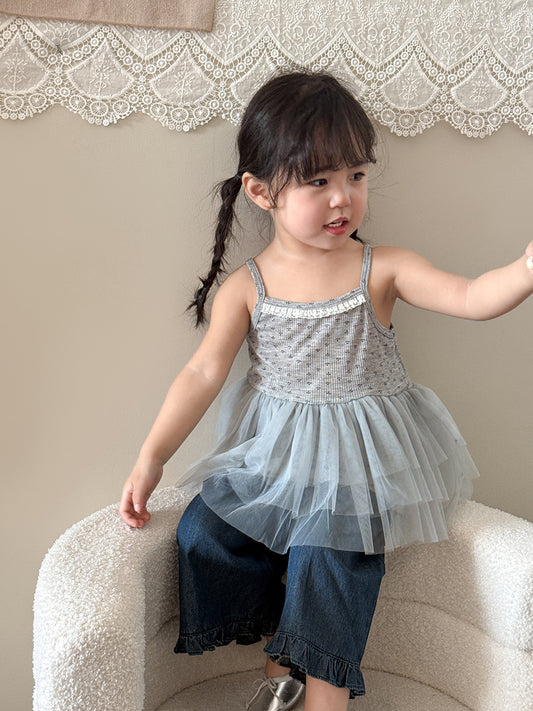 Girl's Set of Suspender Top with Mesh Fabric Patchwork + Straight Trousers with Ruffles