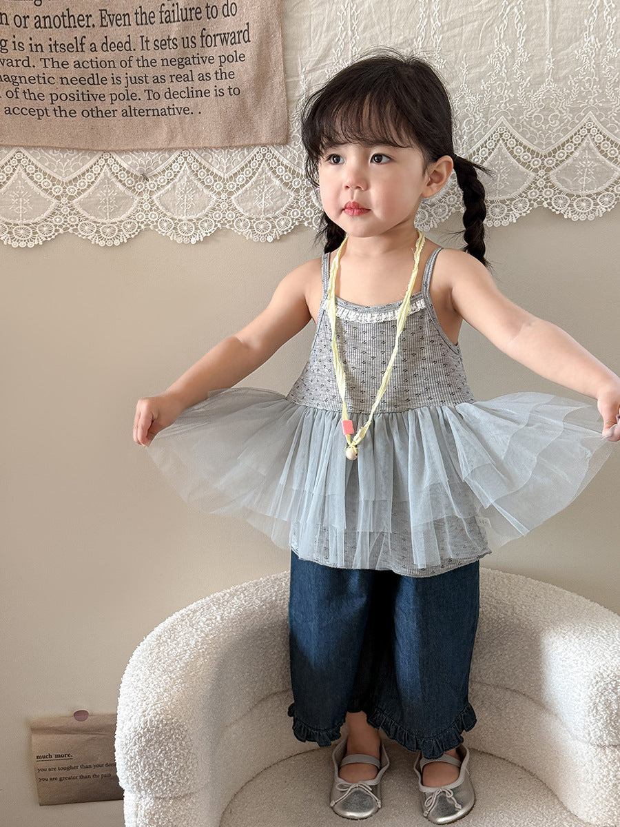 Girl's Set of Suspender Top with Mesh Fabric Patchwork + Straight Trousers with Ruffles
