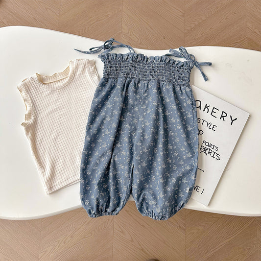 Girls' one-piece overalls with floral pattern set