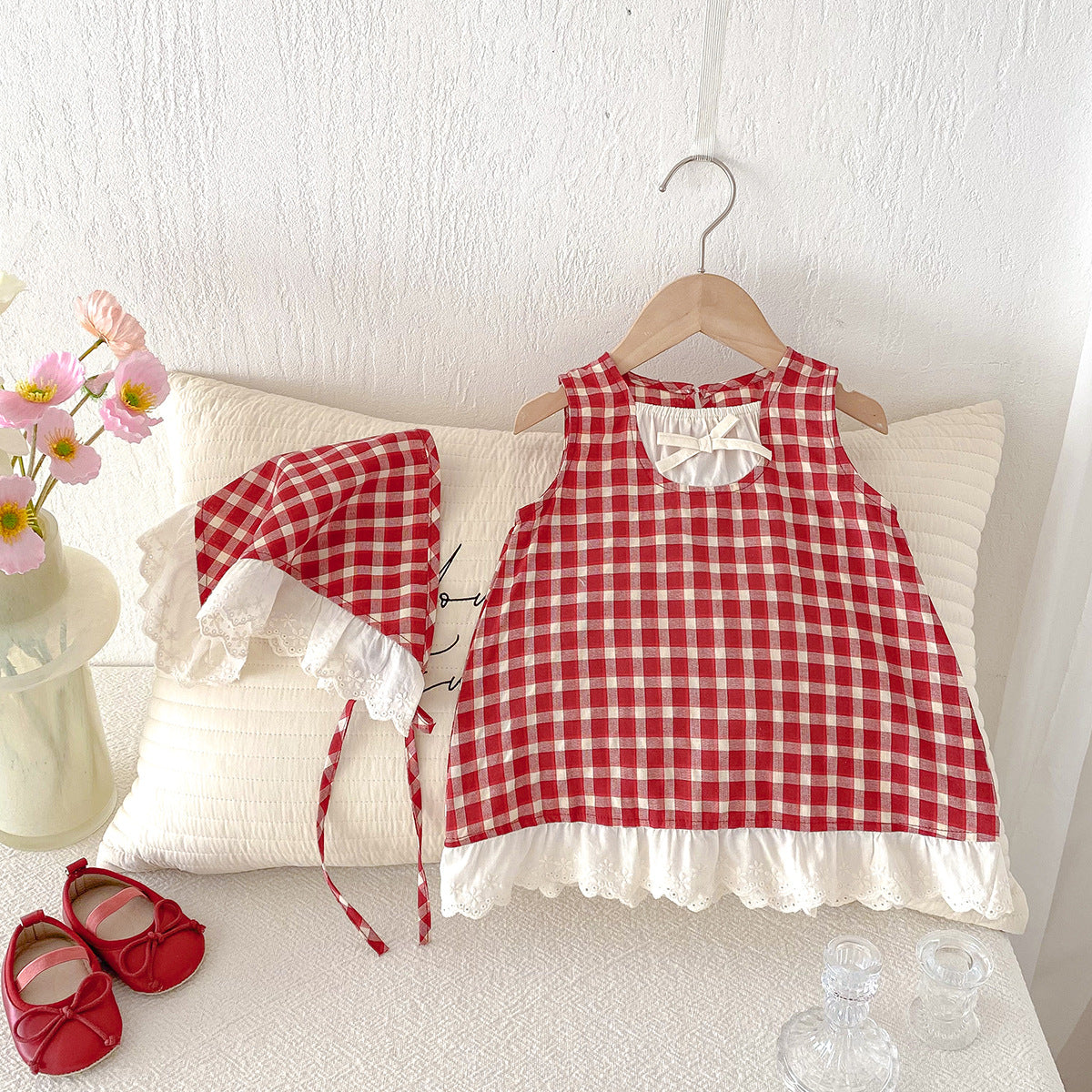 Girl's red checkered vest dress