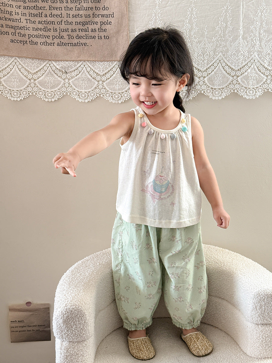 Little Girl's Set of Cartoon Vest with Pom-poms and Floral Anti-mosquito Pants