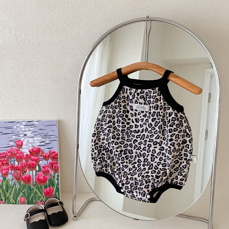 A leopard-print sleeveless bodysuit for baby girls