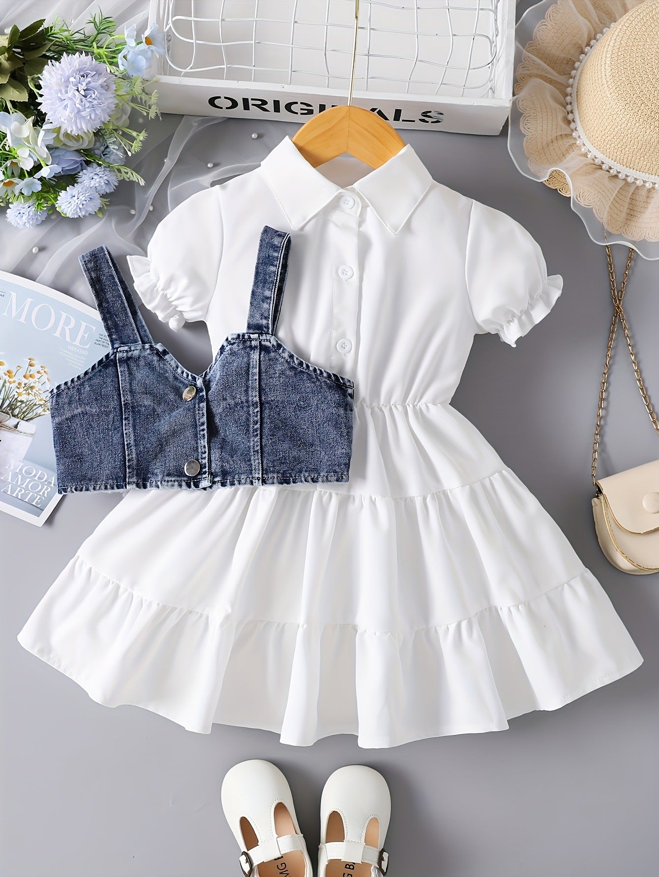 White Puff-Sleeve Dress for Girls Paired with a Denim Vest in a Two-Piece Set.