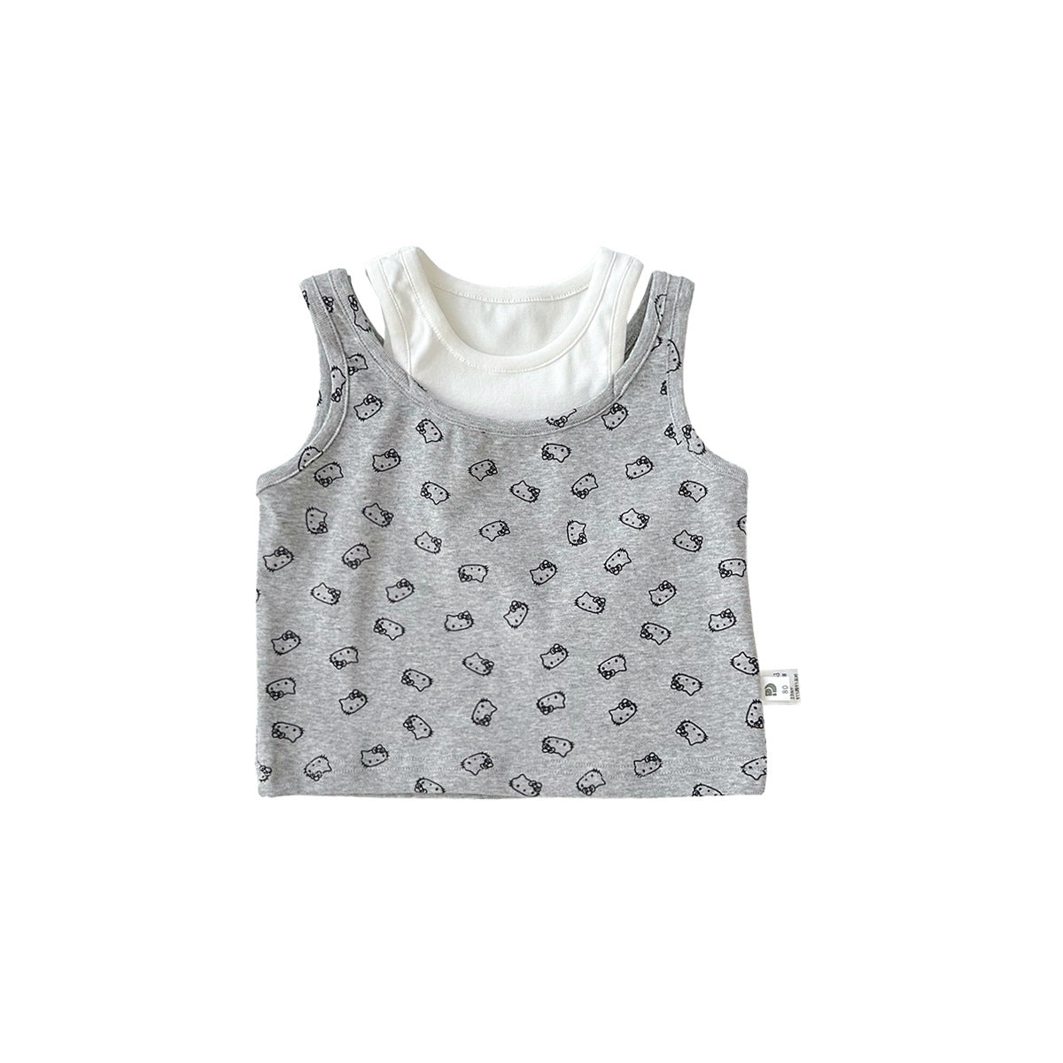A set of a gray Kitty-themed vest and a black utility-style short skirt for little girls