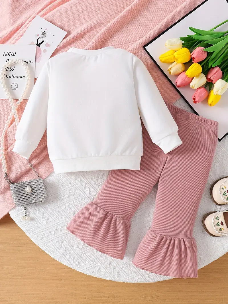 Girls' Cotton Blend Outfit Set - Long Sleeve Round Neck Heart Embroidery Ruffle Shirt & Bell-Bottom Pants