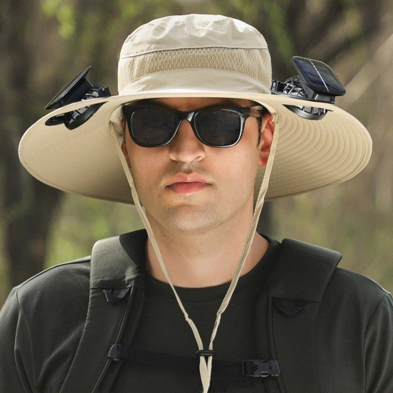 Solar Fan Hat, Wide Brim Solar Fan Outdoor Fishing Hat with 2 Fans Solar Power, Waterproof Outdoor Hiking Camping Fishing Hat Grey