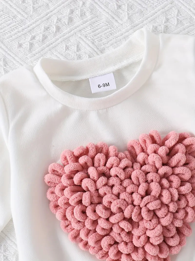 Girls' Cotton Blend Outfit Set - Long Sleeve Round Neck Heart Embroidery Ruffle Shirt & Bell-Bottom Pants
