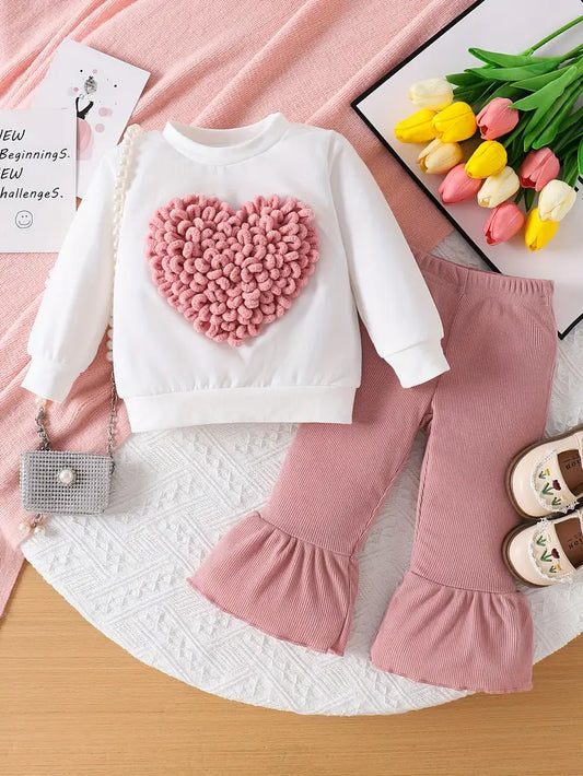 Girls' Cotton Blend Outfit Set - Long Sleeve Round Neck Heart Embroidery Ruffle Shirt & Bell-Bottom Pants