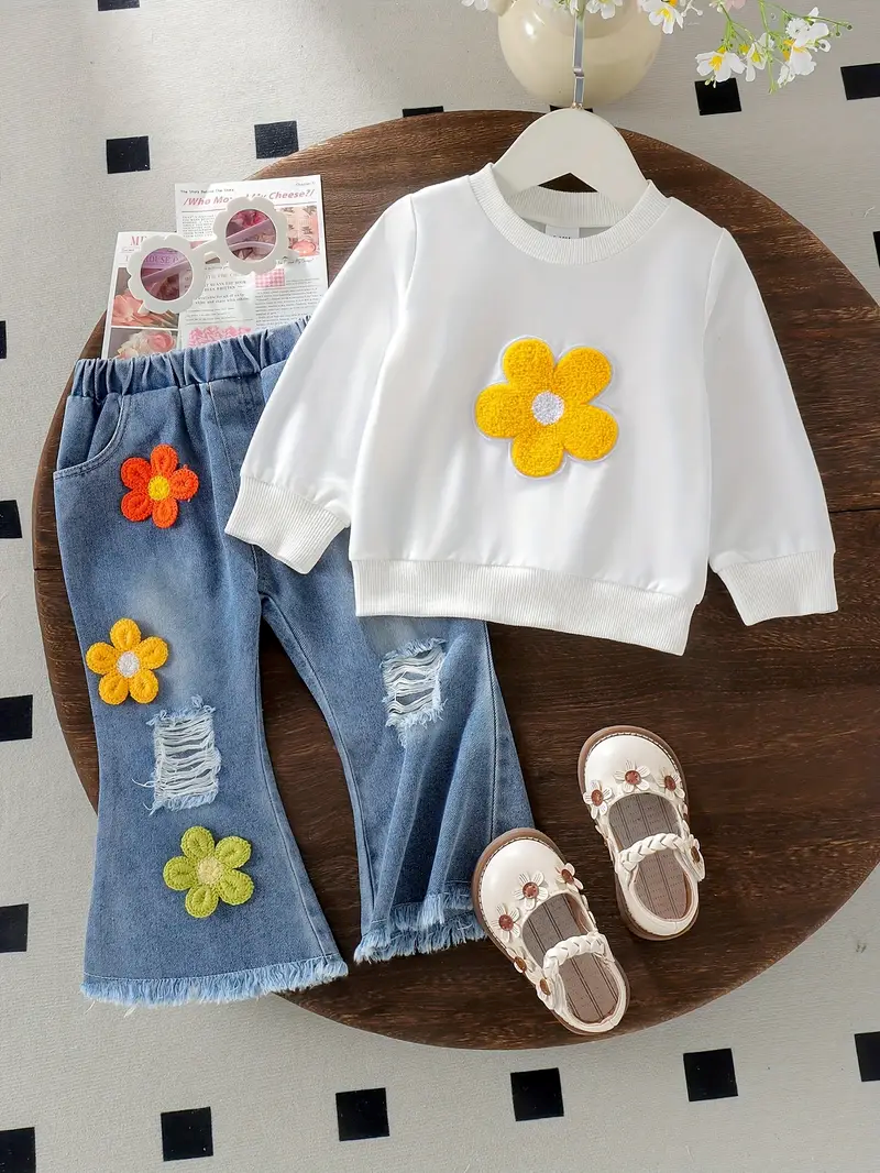 Girls Long Sleeve Floral Embroidery Hoodie + Torn Bell Bottom Pants 2pcs Set