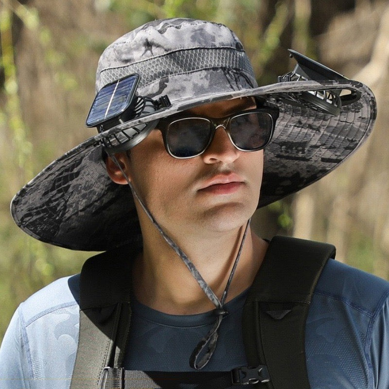 Solar Fan Hat, Wide Brim Solar Fan Outdoor Fishing Hat with 2 Fans Solar Power, Waterproof Outdoor Hiking Camping Fishing Hat Grey