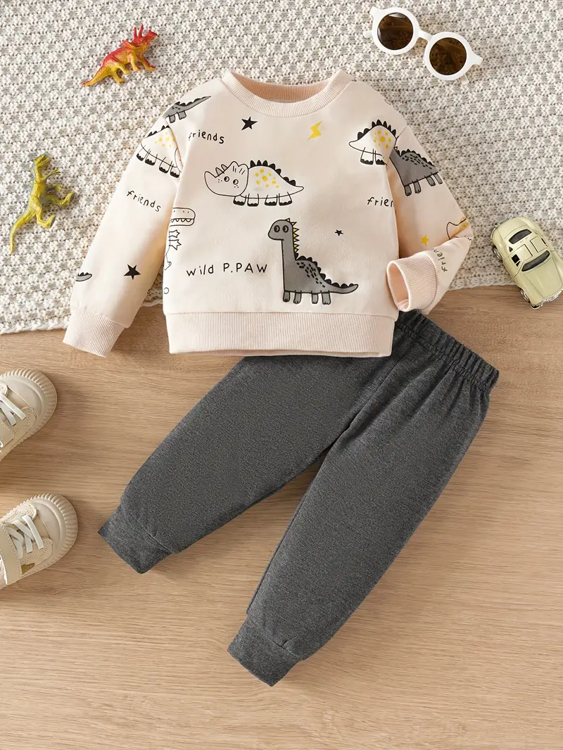 Baby Cute Dinosaur Print Long Sleeve Sweatshirt and Pants Set